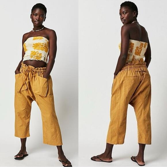 Free People Runyon Oversized Stripe Pants Mustard Medium Harem Bohemian NEW - Picture 5 of 12